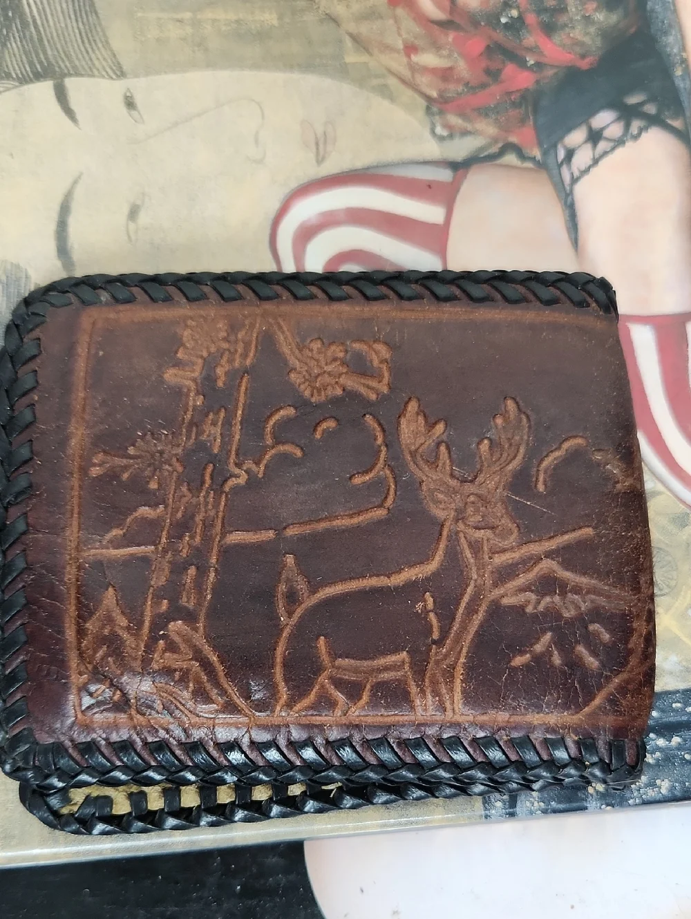 Handcrafted Brown hand-tooled Leather Bifold Wallet with Western cowboy-themed